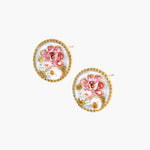 Gold-rimmed circular stud earrings with hand-painted pink peony enamel and pearl accents on white background