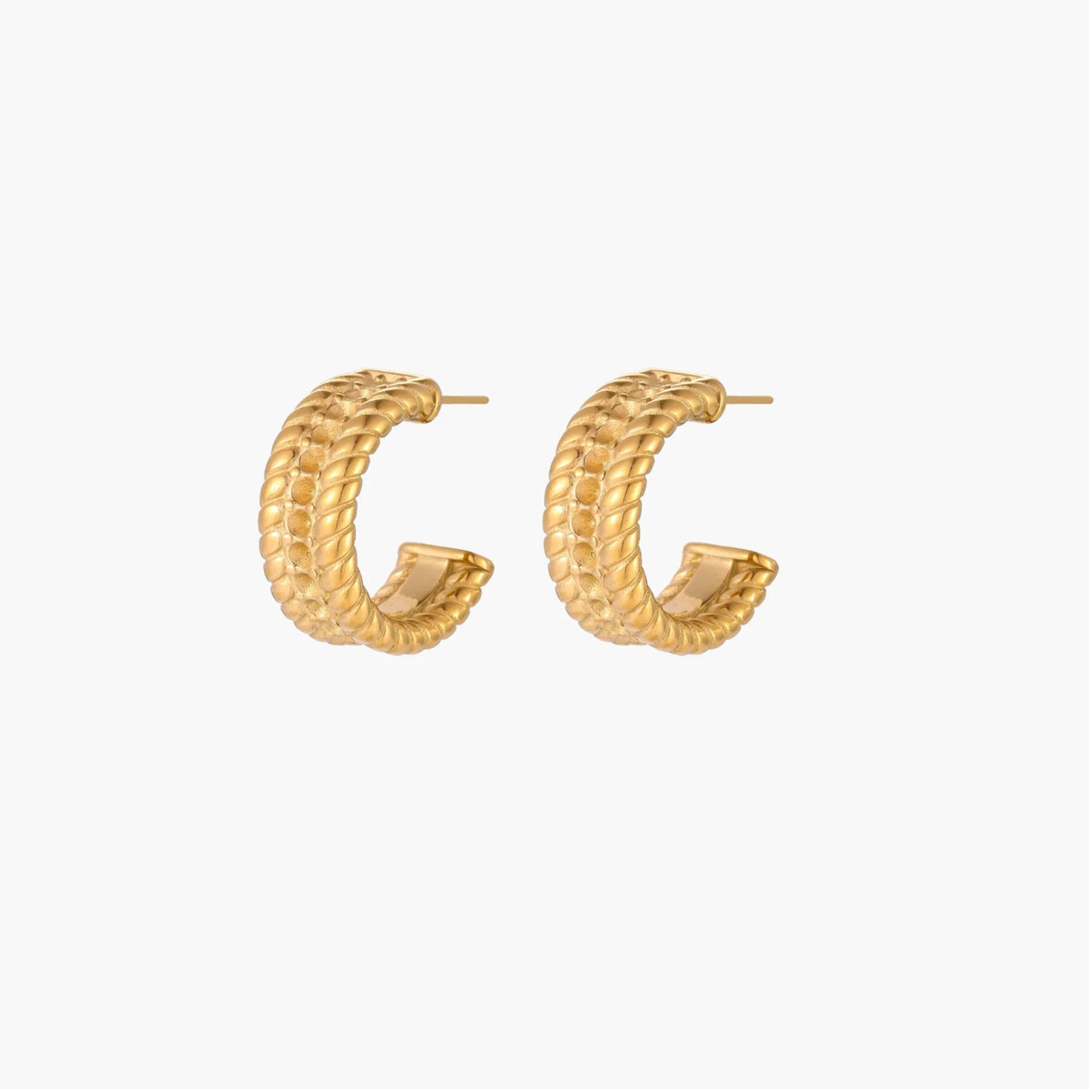 Chunky gold hoops with dimensional ridged texture and 14K plated finish shown in front and side view on cream background.