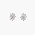 Ornate sterling silver stud earrings with mandala-inspired filigree pattern and four freshwater pearls on beige background