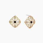 Gold filigree stud earrings with navy lapis lazuli center stone and mother-of-pearl accents in ornate quatrefoil design