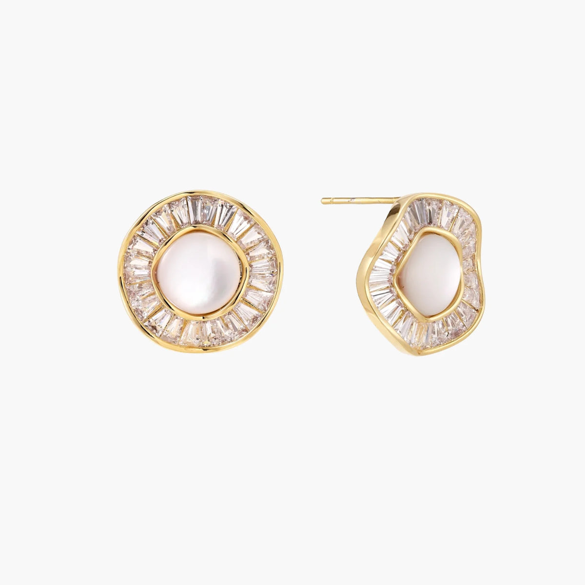14K gold-plated stud earrings with freshwater pearl center surrounded by baguette-cut crystal halo in sunburst design