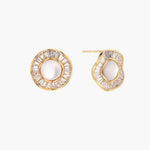 14K gold-plated stud earrings with freshwater pearl center surrounded by baguette-cut crystal halo in sunburst design