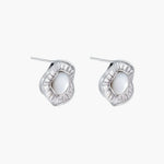 14K gold-plated stud earrings with freshwater pearl center surrounded by baguette-cut crystal halo in sunburst design