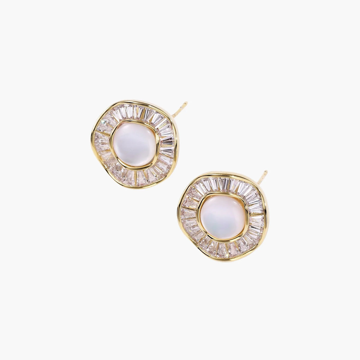 14K gold-plated stud earrings with freshwater pearl center surrounded by baguette-cut crystal halo in sunburst design
