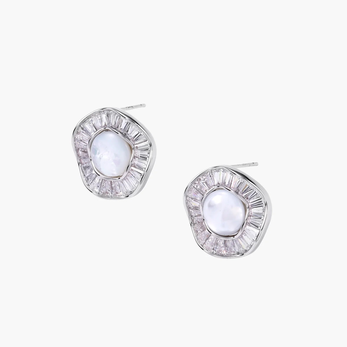 14K gold-plated stud earrings with freshwater pearl center surrounded by baguette-cut crystal halo in sunburst design