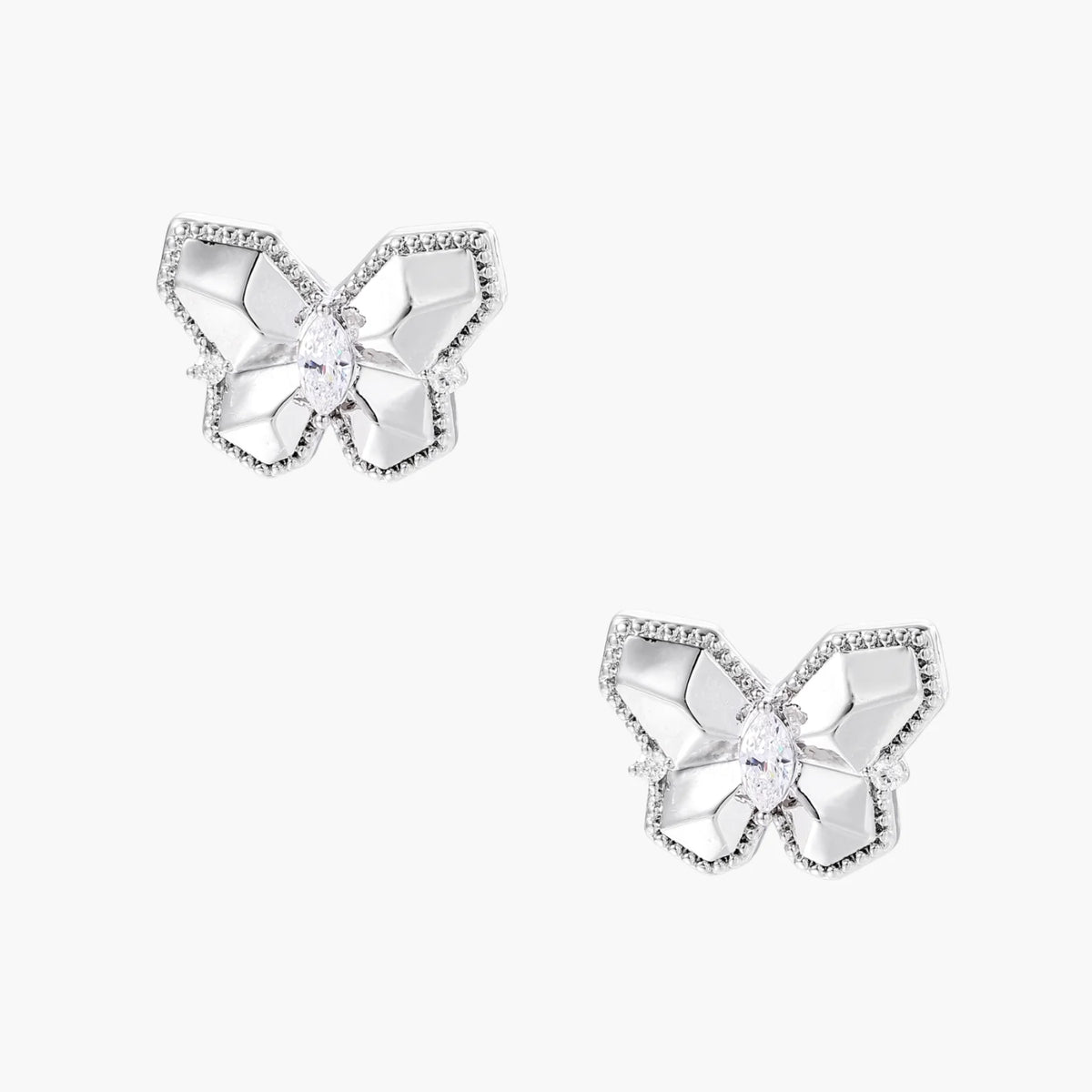 Silver butterfly stud earrings with marquise center stone and pavé crystal border on white background