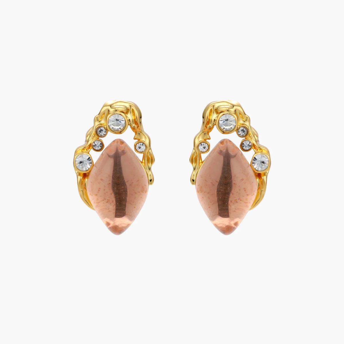 Gold-plated baroque stud earrings with coral-pink liuli stones and cubic zirconia crystals on white background.