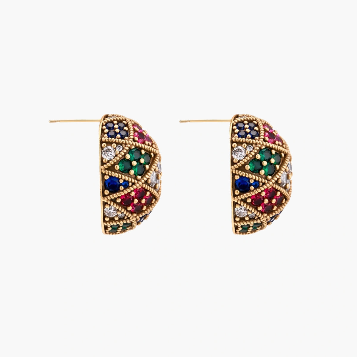Oval gold-plated stud earrings with multicolor zirconia stones in geometric mosaic pattern