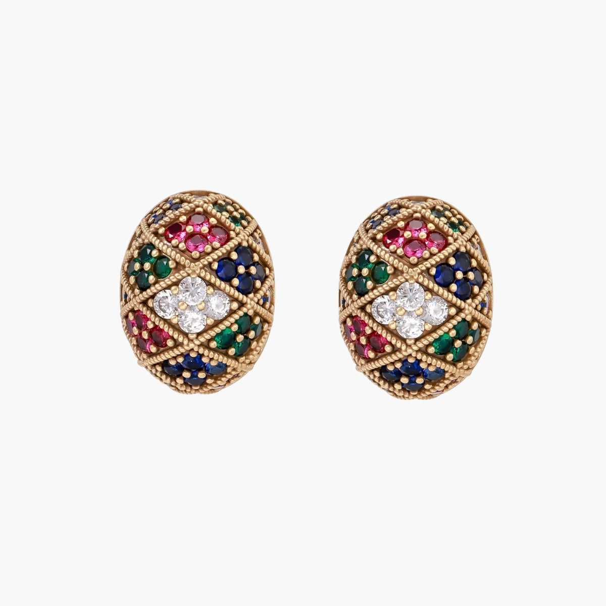Oval gold-plated stud earrings with multicolor zirconia stones in geometric mosaic pattern