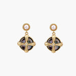 Gold-plated drop earrings with iridescent abalone shell and pearl studs in geometric cross design