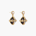 Gold-plated drop earrings with iridescent abalone shell and pearl studs in geometric cross design