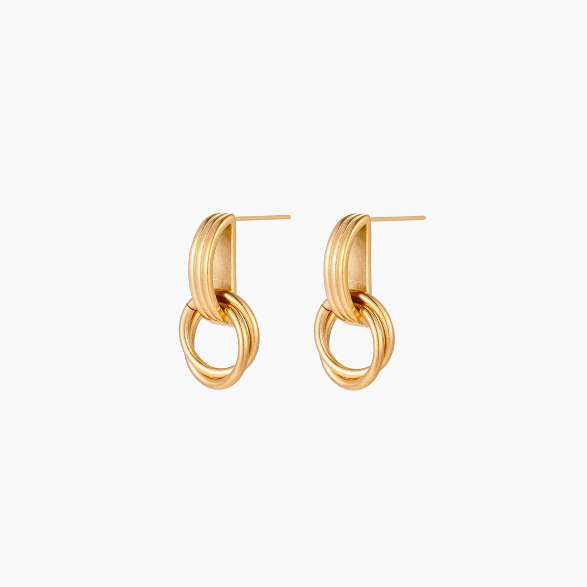 Gold stud earrings with vertical ridged bar connecting to triple interlocking circular rings on white background