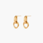 Gold stud earrings with vertical ridged bar connecting to triple interlocking circular rings on white background