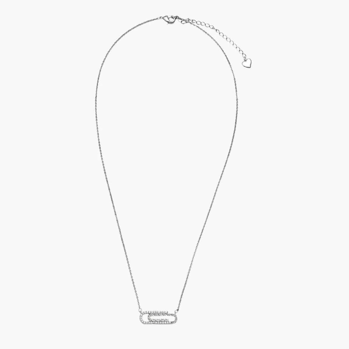 White gold plated necklace with dual-frame geometric pendant featuring crystal pavé border on pale background.