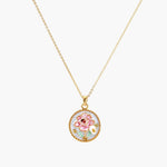 Gold-plated circular pendant with pink enamel rose, pearl background, and delicate beaded border on chain