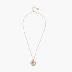 Gold-plated circular pendant with pink enamel rose, pearl background, and delicate beaded border on chain