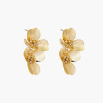 Pair of gold-plated double flower earrings with textured petals and crystal centers on cream background.