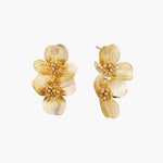 Pair of gold-plated double flower earrings with textured petals and crystal centers on cream background.