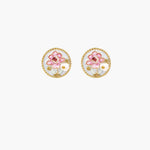 Gold-rimmed circular stud earrings with hand-painted pink peony enamel and pearl accents on white background