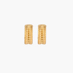 Chunky gold hoops with dimensional ridged texture and 14K plated finish shown in front and side view on cream background.