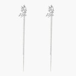 Silver-toned threader earrings featuring detailed fairy figure with wings and dual delicate chain strands, zirconia accents
