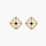Gold filigree stud earrings with navy lapis lazuli center stone and mother-of-pearl accents in ornate quatrefoil design