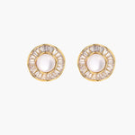14K gold-plated stud earrings with freshwater pearl center surrounded by baguette-cut crystal halo in sunburst design