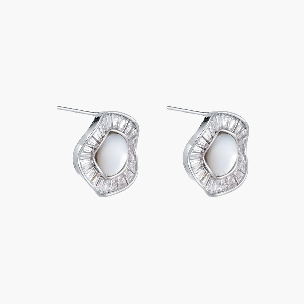 14K gold-plated stud earrings with freshwater pearl center surrounded by baguette-cut crystal halo in sunburst design