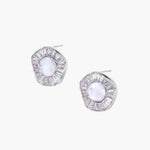 14K gold-plated stud earrings with freshwater pearl center surrounded by baguette-cut crystal halo in sunburst design