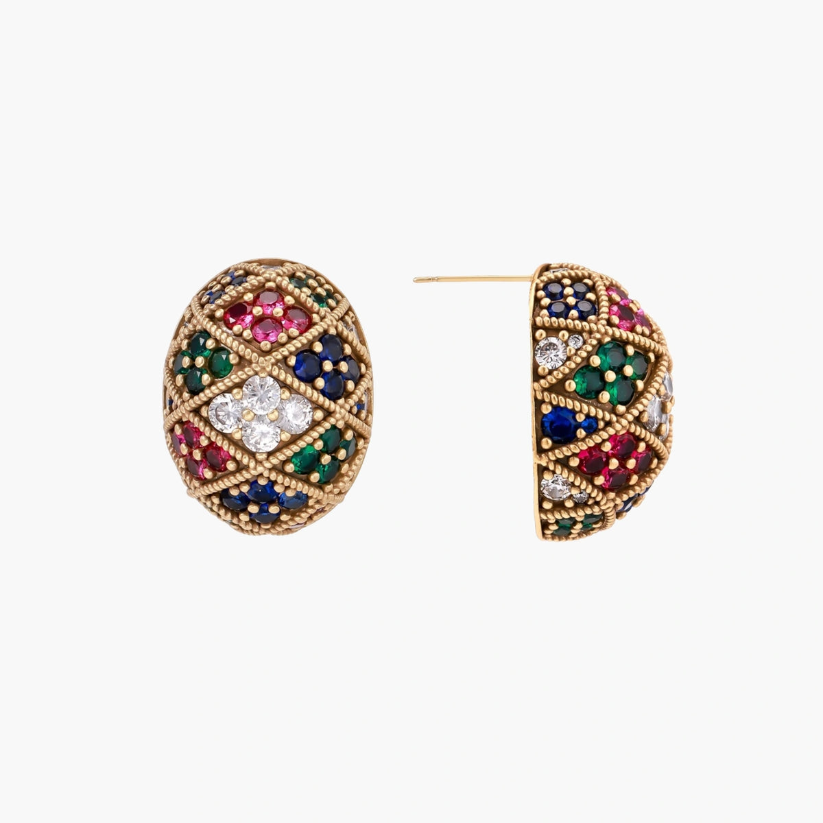 Oval gold-plated stud earrings with multicolor zirconia stones in geometric mosaic pattern