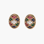 Oval gold-plated stud earrings with multicolor zirconia stones in geometric mosaic pattern