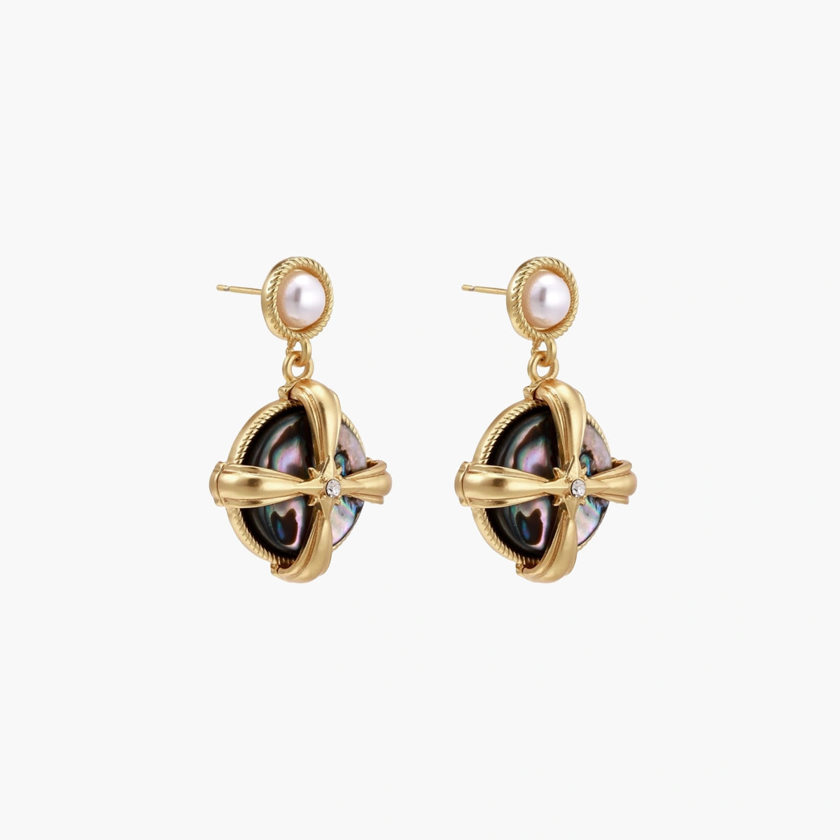 Gold-plated drop earrings with iridescent abalone shell and pearl studs in geometric cross design