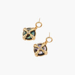 Gold-plated drop earrings with iridescent abalone shell and pearl studs in geometric cross design